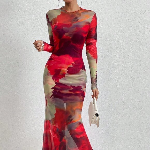 . Dresses & Skirts - Red Preppy Women's Tie Dye Lettuce Edge Fish Tail Dress